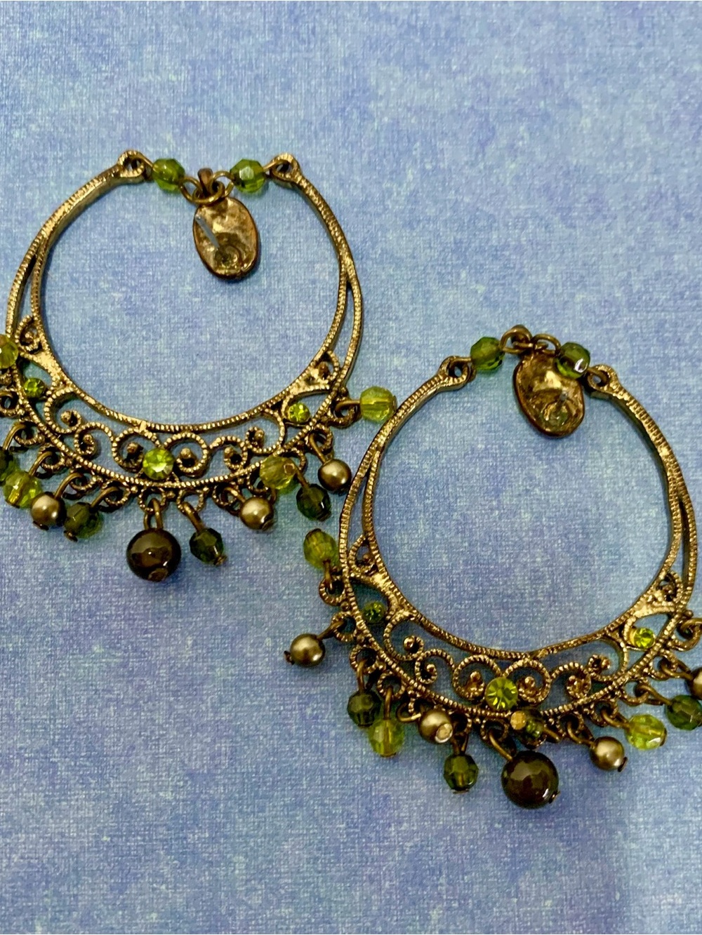 Vintage Boho Bronze Filigree Chandelier Hoop Earrings with Peridot Green Beads